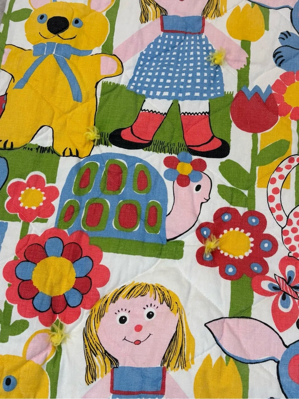 Vintage ‘70s Storybook Nursery Blanket Retro Ragdoll Yellow Kitsch Crib Quilt